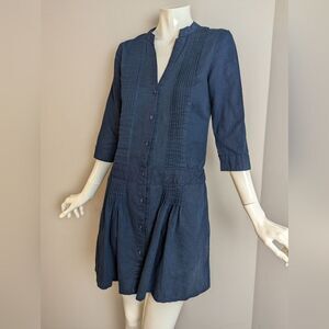 Mango Navy Blue Linen Blend Dress – Size Small – Drop Waist Button Front